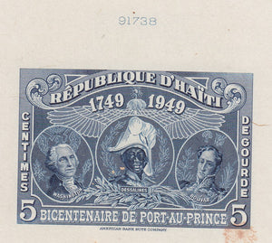 Haiti 1949 5c Bicentenary of Port-au-Prince Die Proofs x 3. Scott RA9, RA11 & RA14 var