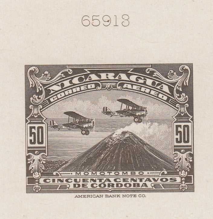 Nicaragua 1929 50c Black Brown Momotombo Airmail Die Proof. Scott C5 var