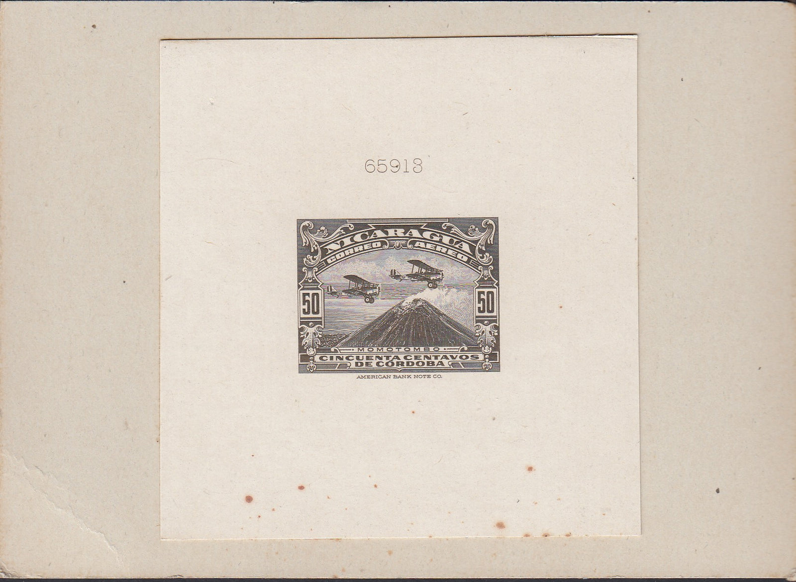 Nicaragua 1929 50c Black Brown Momotombo Airmail Die Proof. Scott C5 var