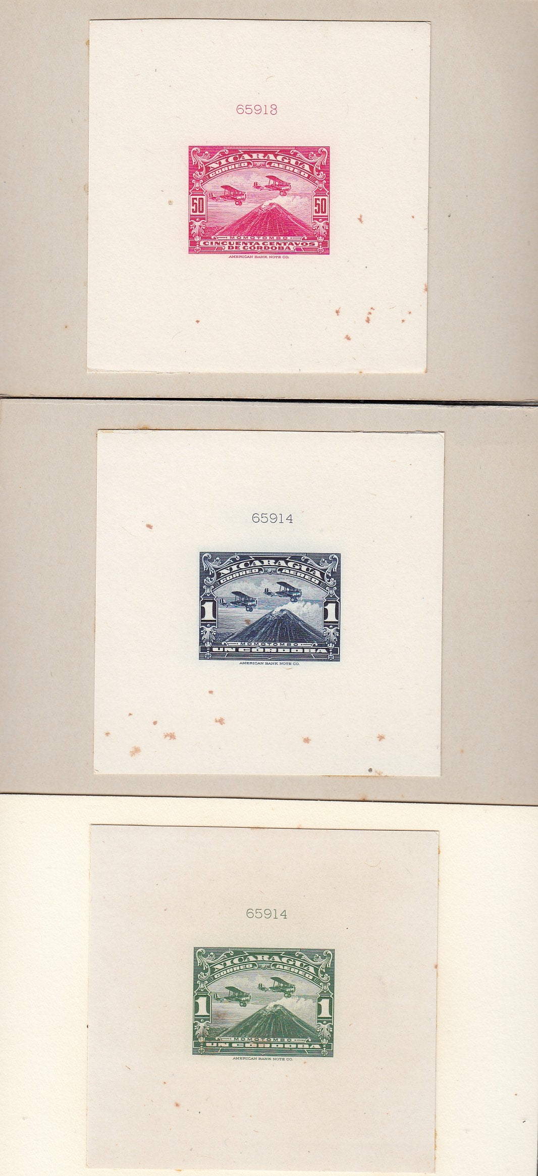 Nicaragua 1929 Momotombo Airmail Die Proof Color Trials x 3. Scott C5-C6 var