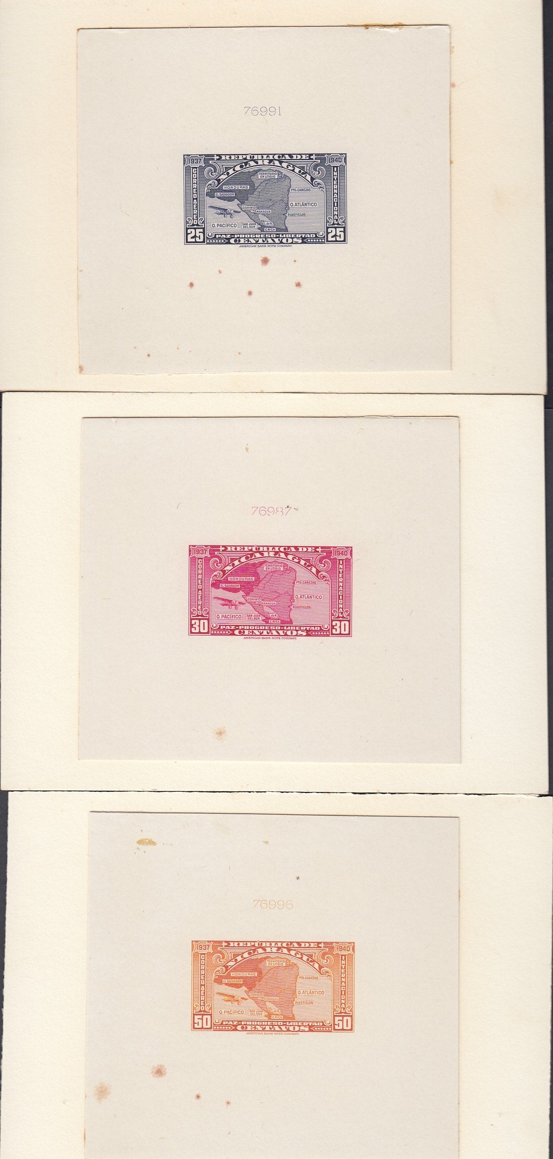Nicaragua 1937 Map Airmail Die Proofs x 3. Scott C189-C191 var