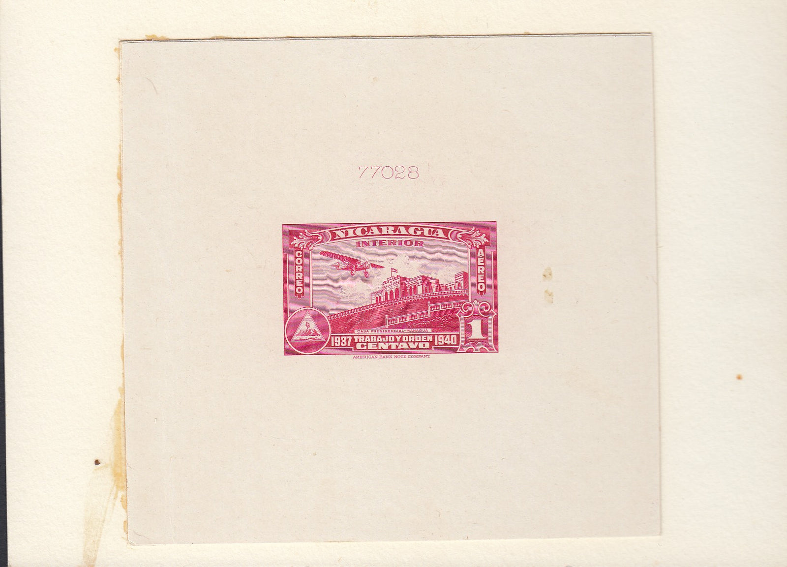 Nicaragua 1937 1c Rose Carmine Airmail Die Proof. Scott C193 var