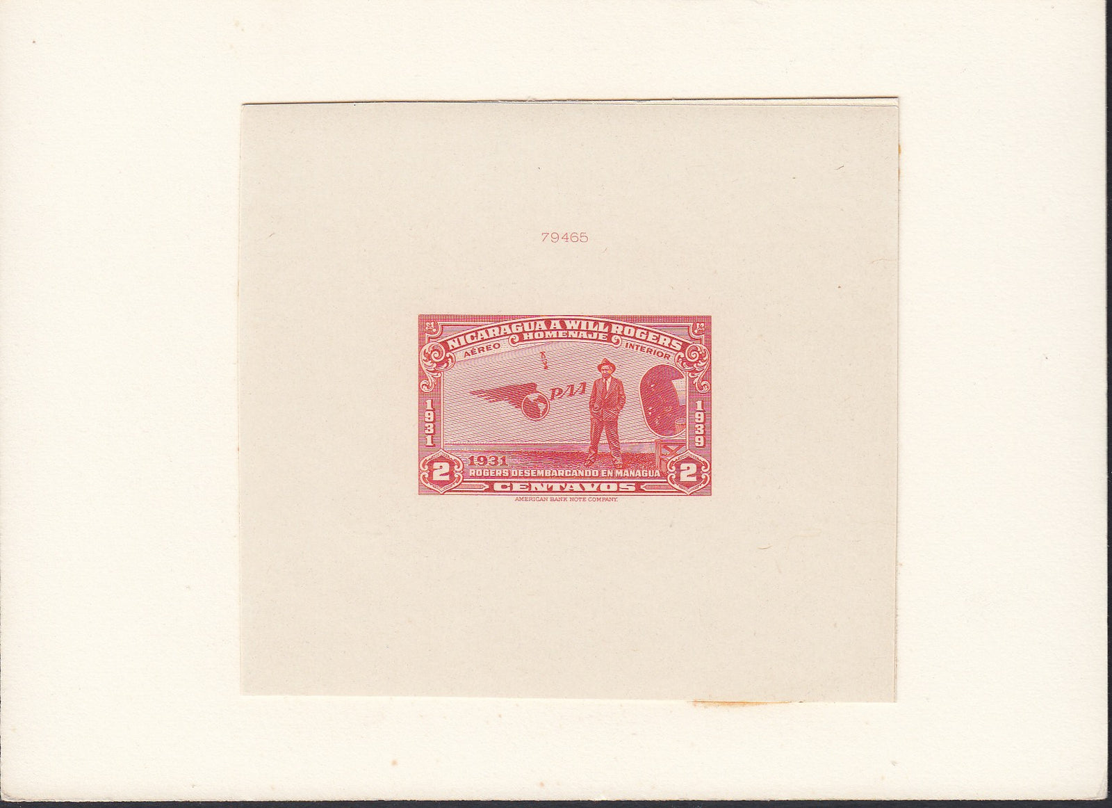 Nicaragua 1939 2c Orange Red Will Rogers Airmail Die Proof. Scott C237 var