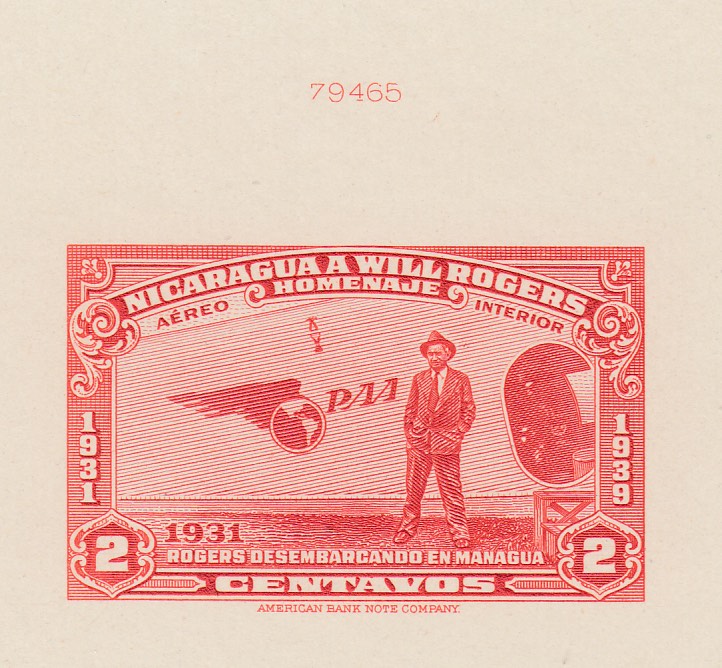 Nicaragua 1939 2c Orange Red Will Rogers Airmail Die Proof. Scott C237 var