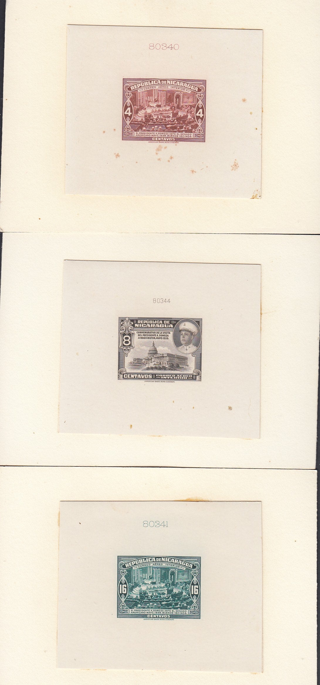 Nicaragua 1940 Somoza Airmail Die Proofs x 3. Scott C241-C243 var