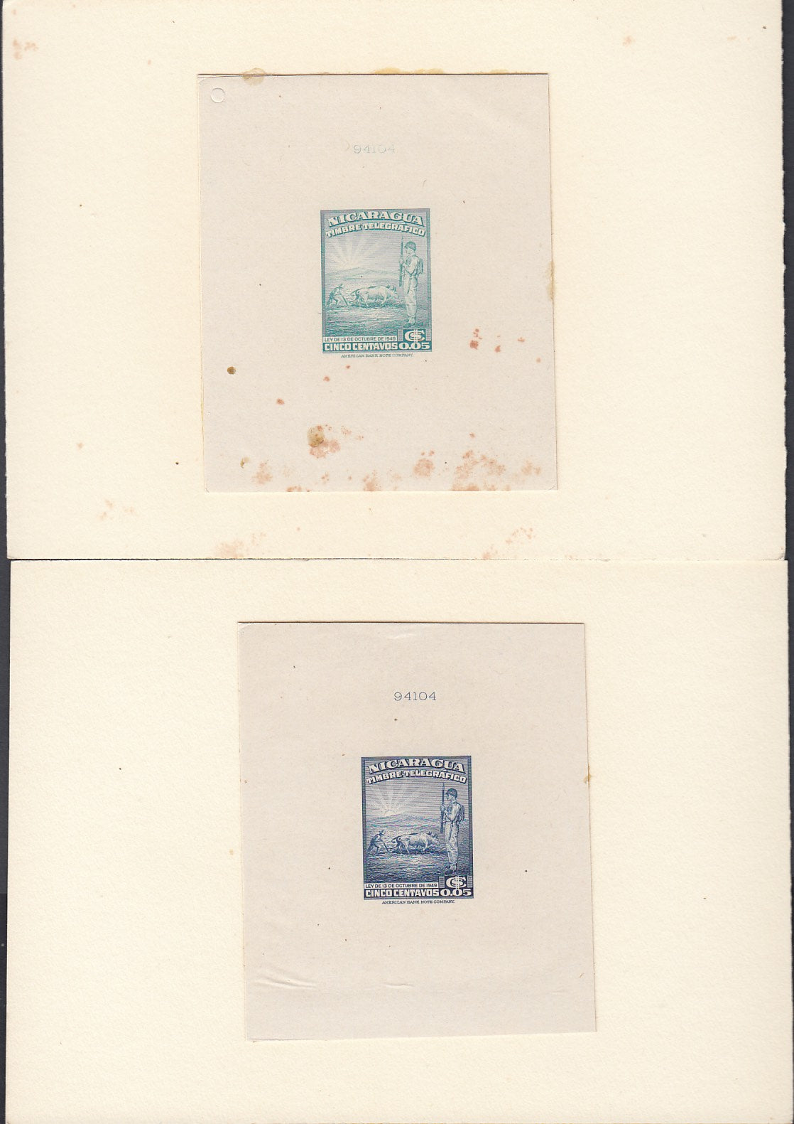 Nicaragua 1949 5c Telegraph Die Proofs x 2. Scott Unlisted