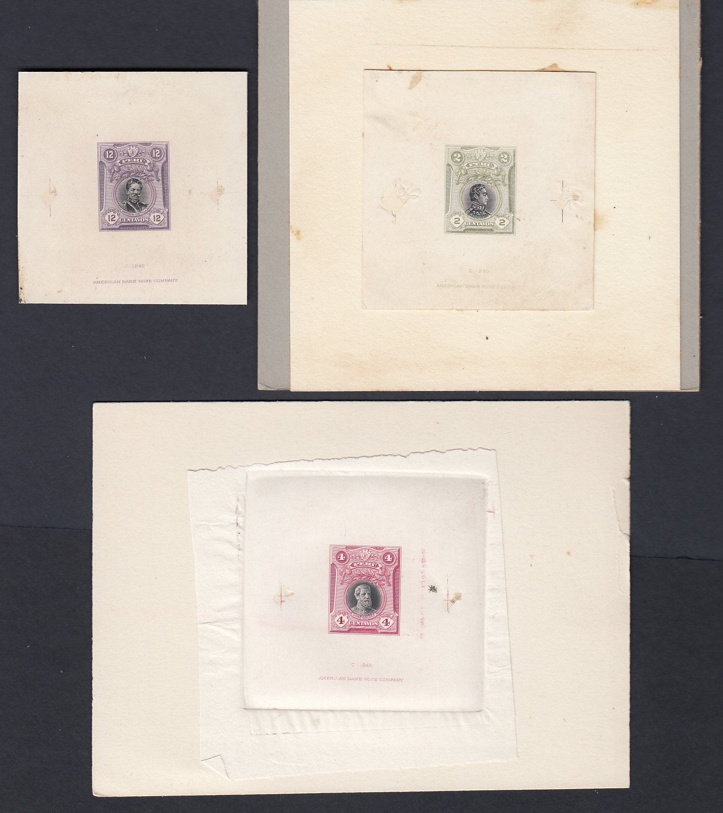 Peru 1918 Die Proofs x 3. Scott 210, 211 & 215