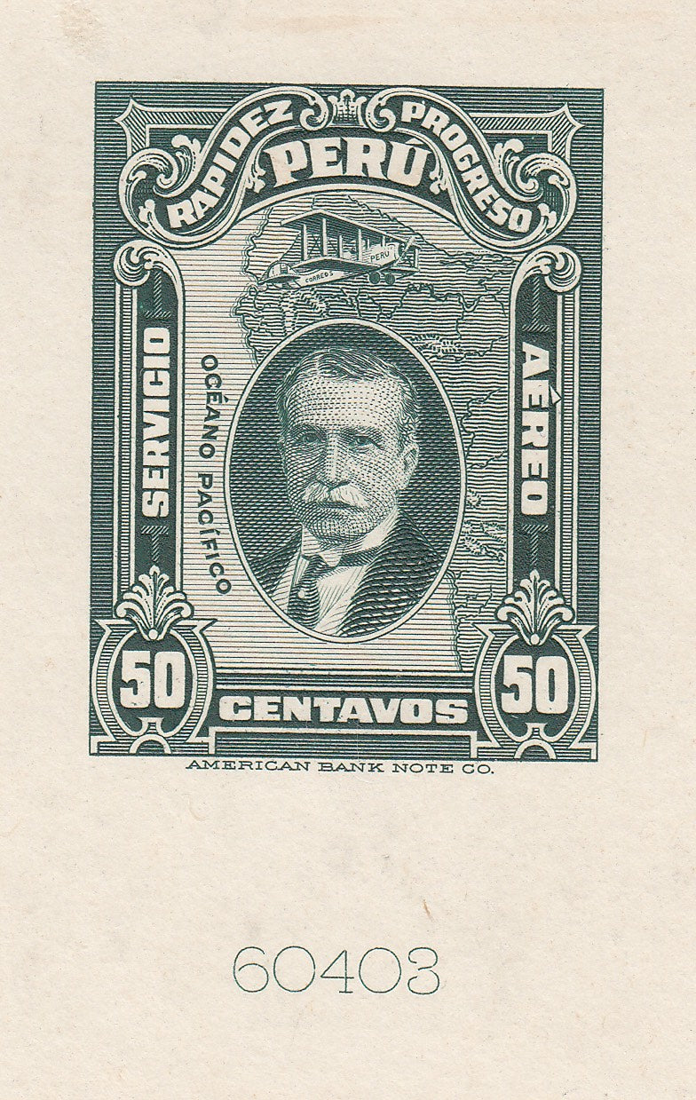 Peru 1928 50c Dark Green President Leguia Airmail Sunken Die Proof. Scott C2 var