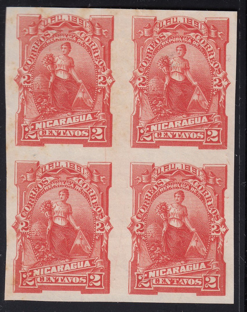 Nicaragua 1891 2c Red Plate Proof Block. Scott 31 var