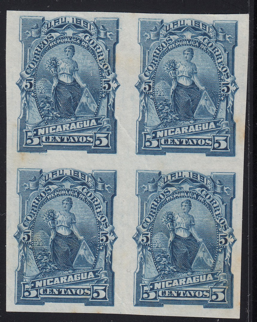 Nicaragua 1891 5c Dark Blue Proof Block. Scott 32 var