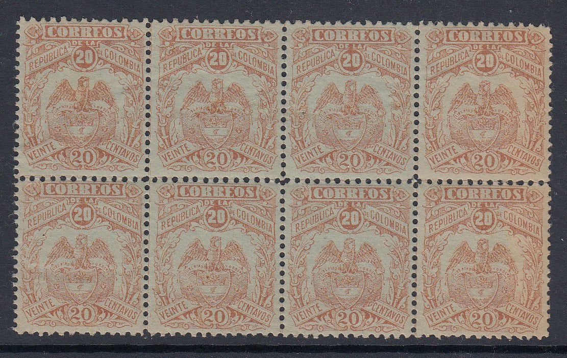 Colombia 1892-99 20c Yellow Brown on Greenish Blue Block x 8 MNH. Scott 154b