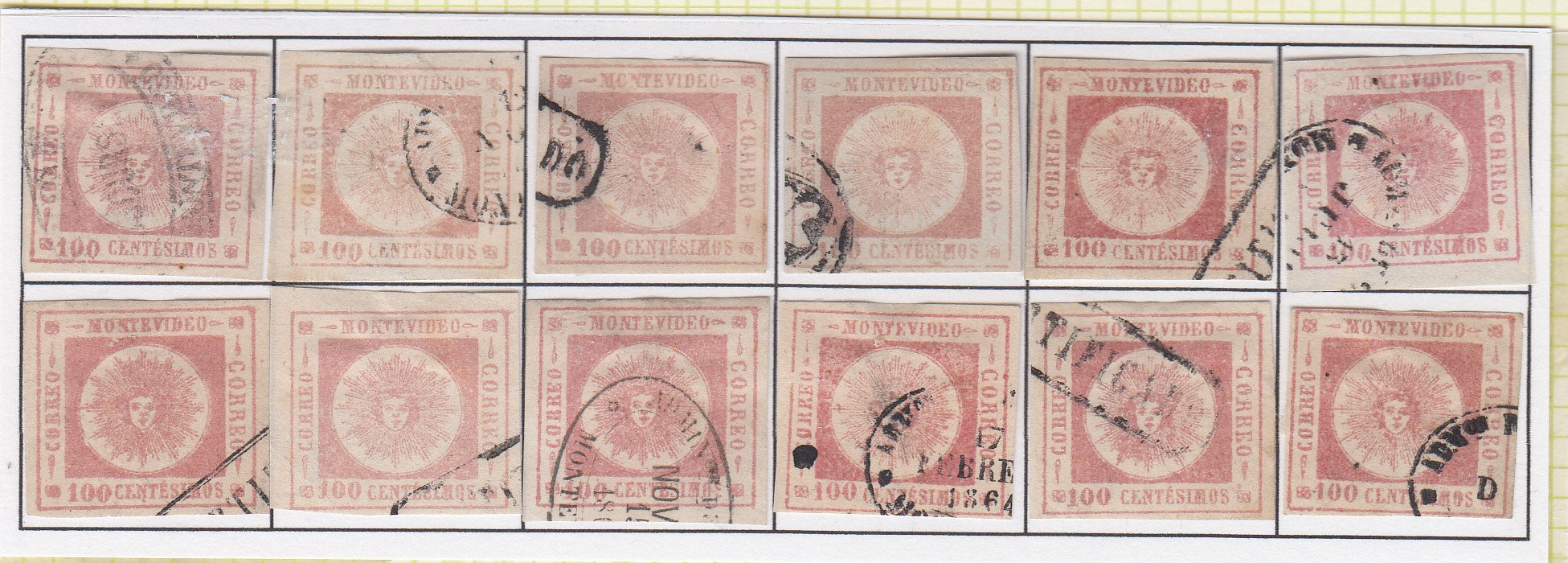 Uruguay 1860 100c Rose Thick Numerals Transfer Type Reconstruction Used. Scott 15