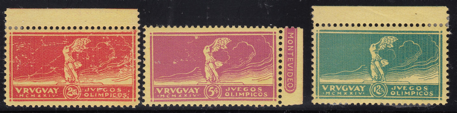 Uruguay 1924 Olympic Games Complete Set on Yellow Paper LM Mint. Scott 282-284 var