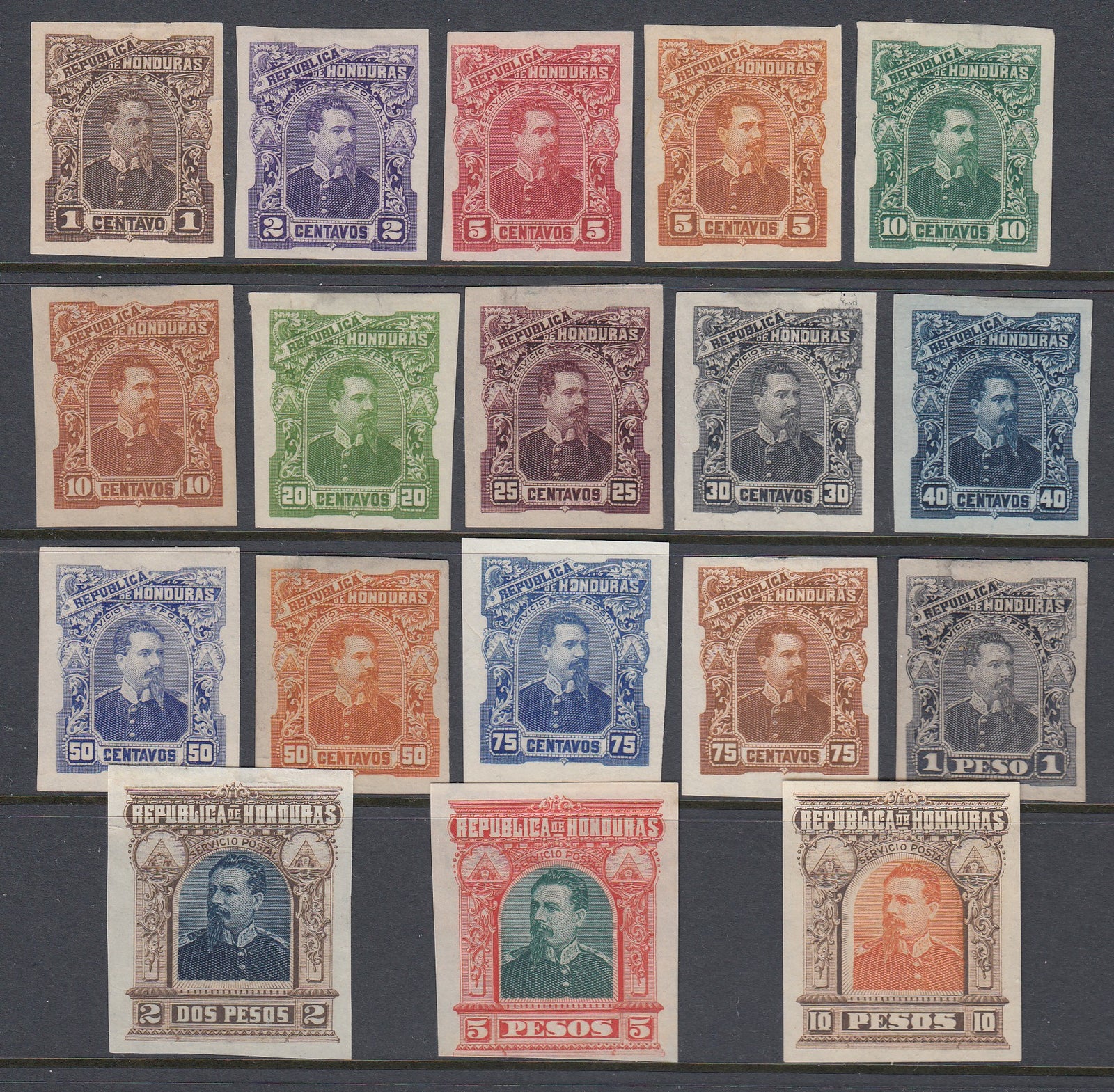 Honduras 1891 Plate Proof Color Trials x 18. Scott 51-64 var