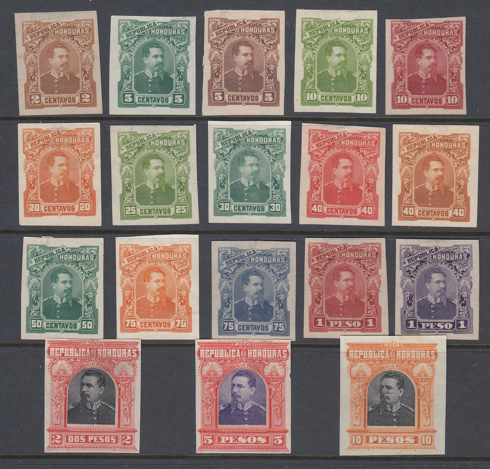 Honduras 1891 Plate Proof Color Trials x 18. Scott 51-64 var