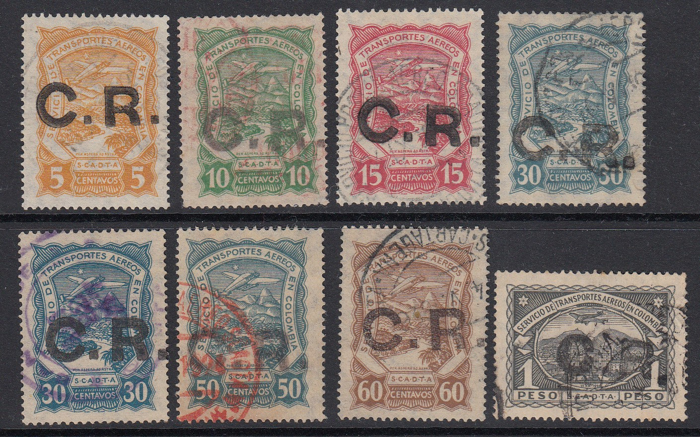 Colombia SCADTA 1923 Costa Rica Airmail Overprints Short Set to 1p Used. Scott CLCR1-CLCR8