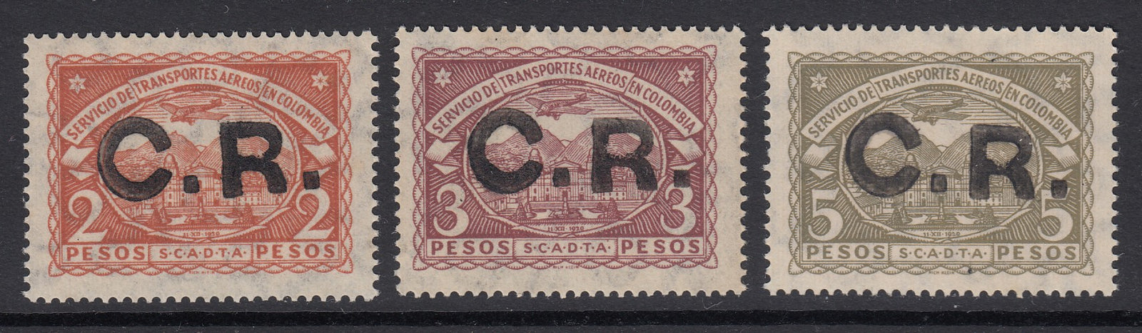 Colombia SCADTA 1923 Costa Rica Airmail Overprints Top Values MNH. Scott CLCR9-CLCR11