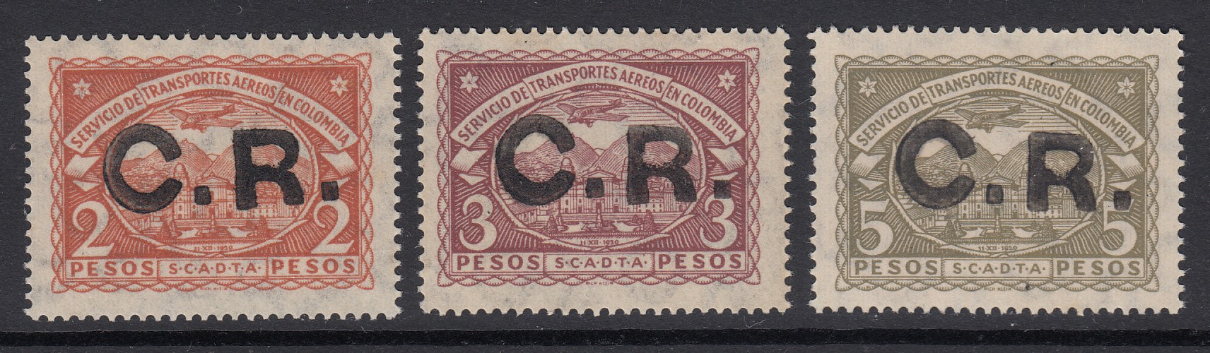 Colombia SCADTA 1923 Costa Rica Airmail Overprints Top Values MNH. Scott CLCR9-CLCR11