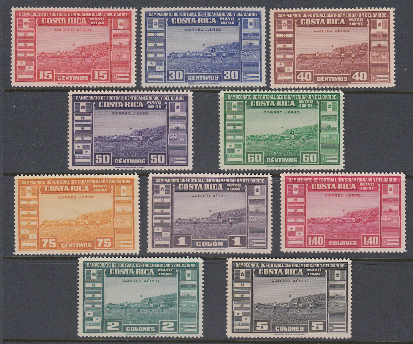 Costa Rica 1941 Soccer Championship Airmail Complete Set VLM Mint. Scott C57-C66