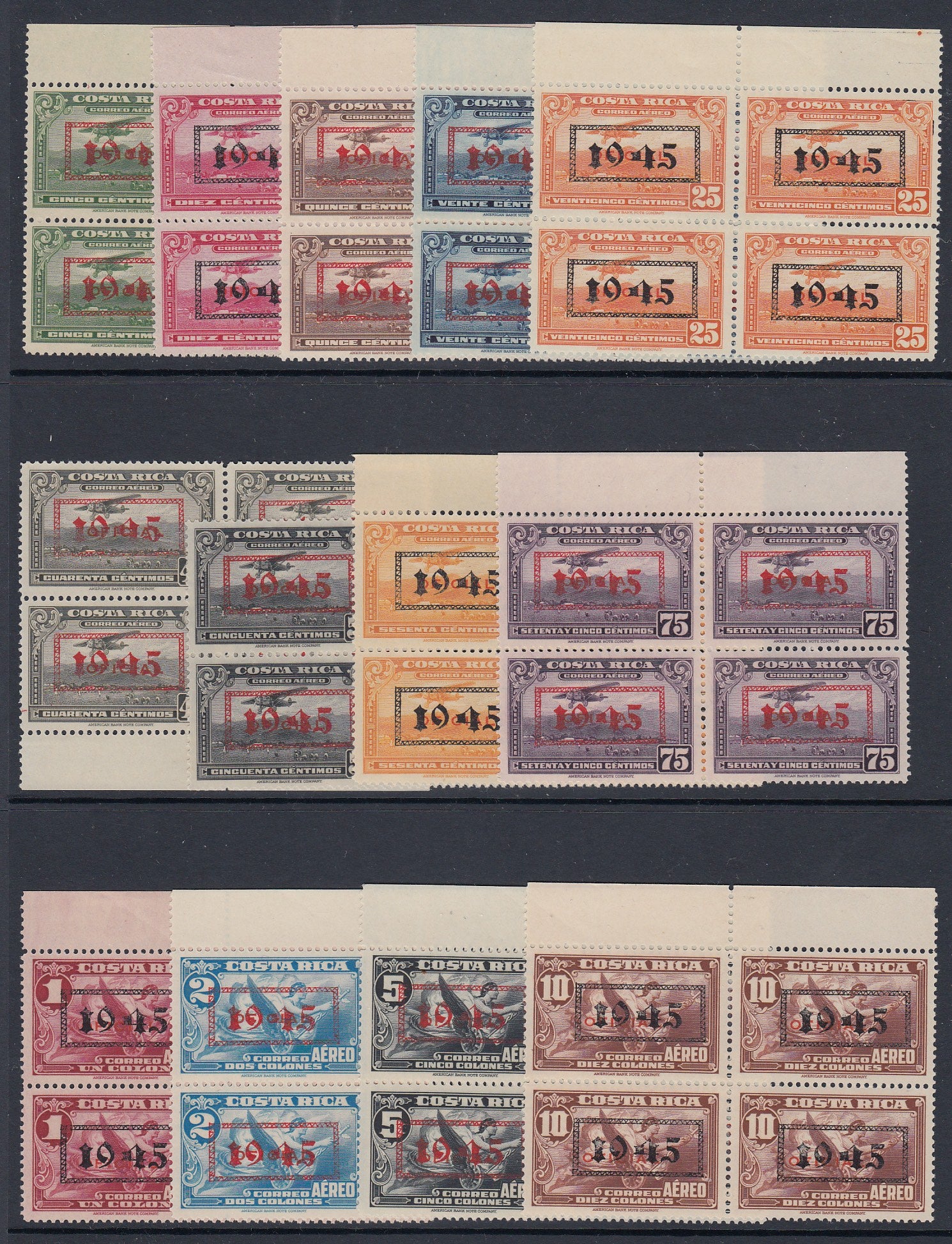 Costa Rica 1945 Airmail Overprints in Marginal Blocks of Four MNH. Scott C104-C116