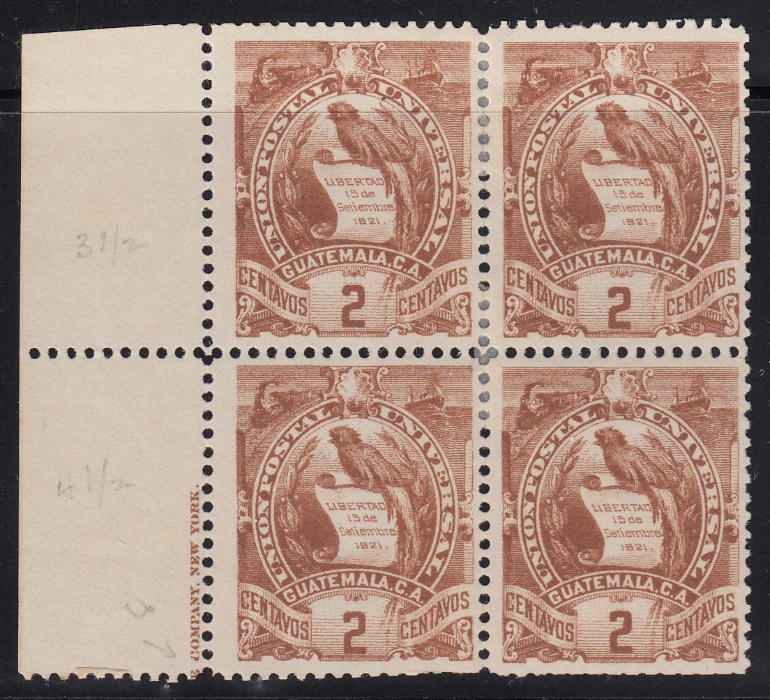 Guatemala 1886 2c Brown Quetzal Block M Mint. Scott 32