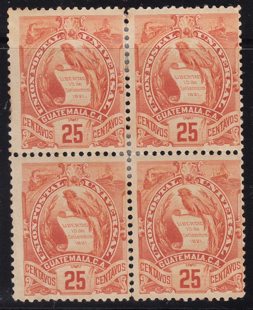 Guatemala 1886-95 25c Red Orange Quetzal Block M Mint. Scott 50