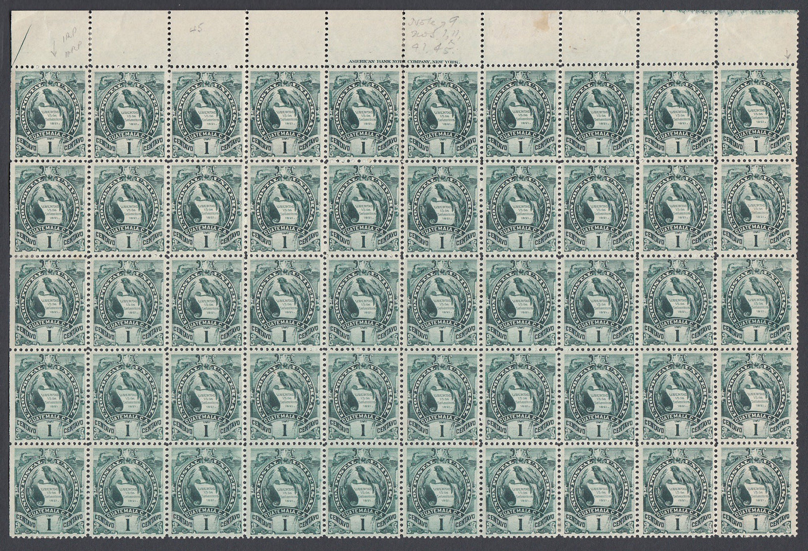 Guatemala 1900-02 1c Dark Green Quetzal Half Sheet Block MNH. Scott 99