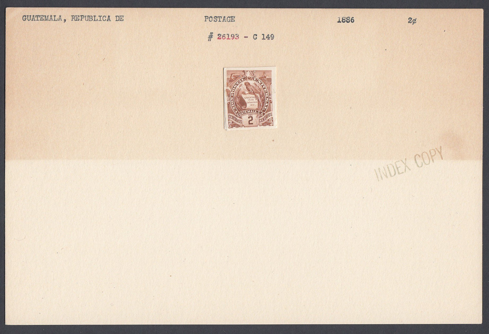 Guatemala 1886 2c Dark Brown Quetzal ABNC Index Copy Proof. Scott 44 var