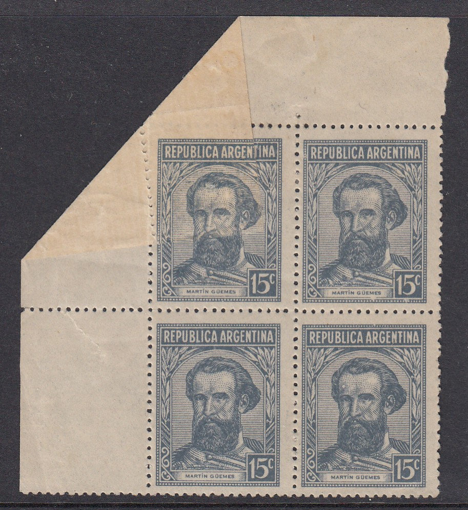 Argentina 1945-47 15c Light Gray Blue Paper Fold Error Block MNH. Scott 530 var