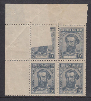 Argentina 1945-47 15c Light Gray Blue Paper Fold Error Block MNH. Scott 530 var