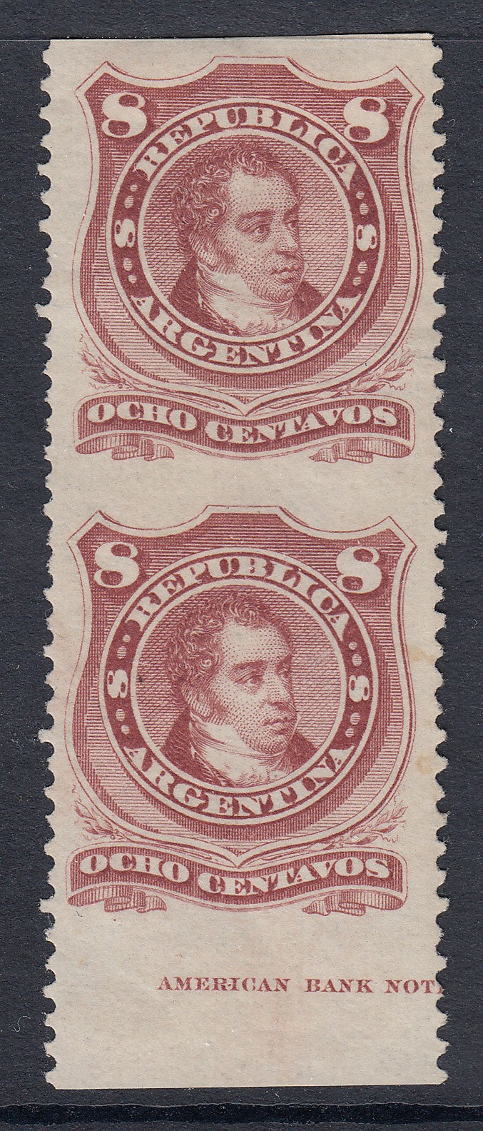 Argentina 1877-80 8c Brown Lake Horizontal Imperf Marginal Pair M Mint/MNH. Scott 39a var