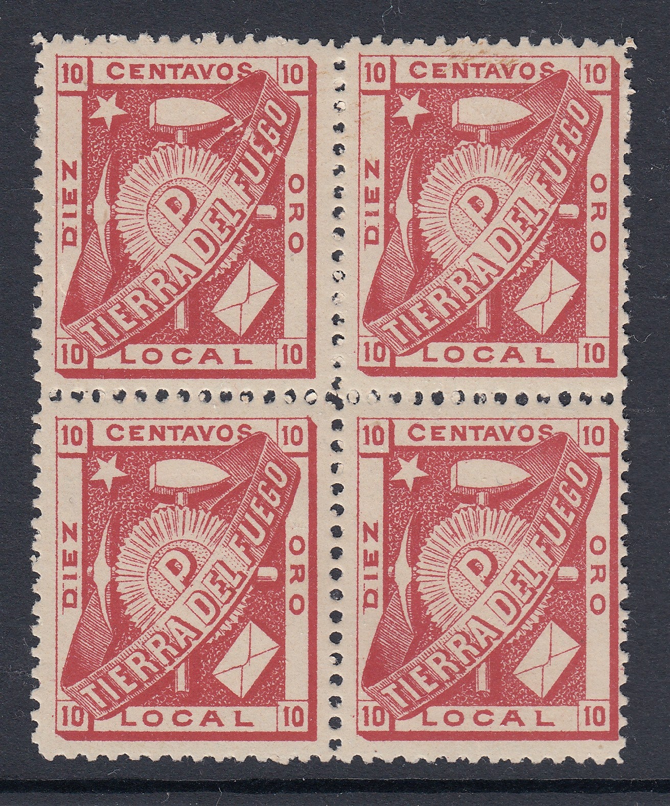 Tierra del Fuego 1891 10c Carmine Rose Block Showing Position 68 Plate Flaw MNH. Scott Unlisted, SG1