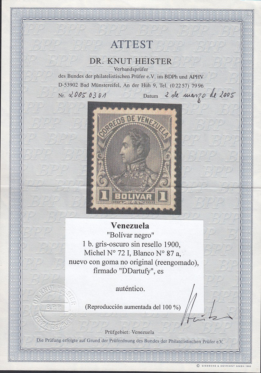 Venezuela 1900 1b Slate Without Overprint Error LM Mint. Scott 160a