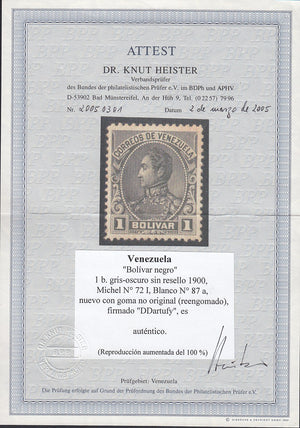 Venezuela 1900 1b Slate Without Overprint Error LM Mint. Scott 160a
