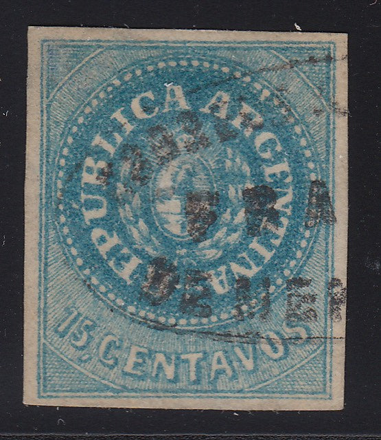 Argentina 1862 15c Blue Escudito with Accent Used with Mendoza Cancel. Scott 7