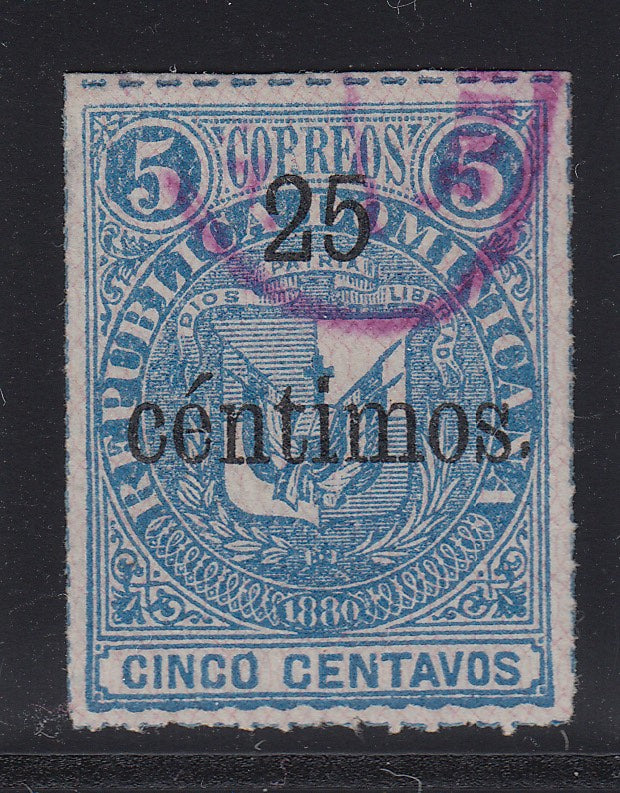 Dominican Republic 1883 25c on 5c Blue Used. Scott 77