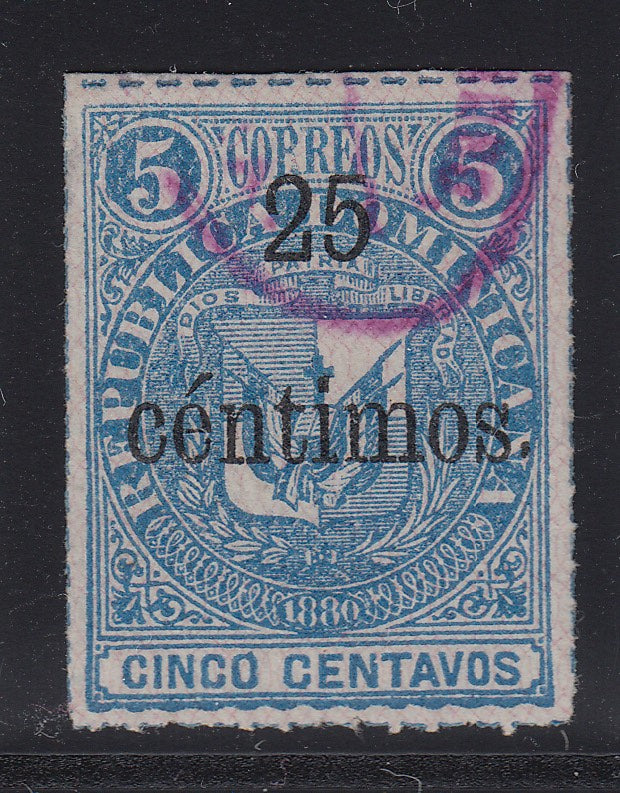 Dominican Republic 1883 25c on 5c Blue Used. Scott 77