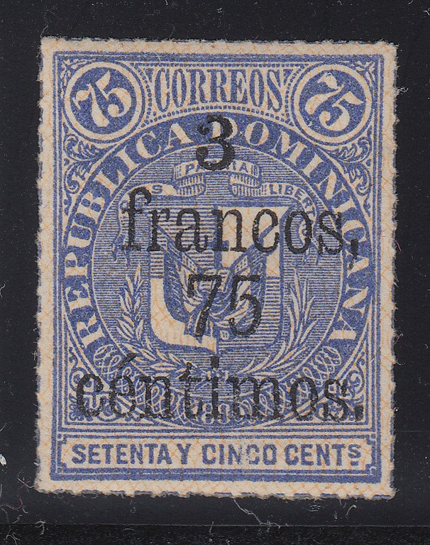 Dominican Republic 1883 3fr 75c on 75c Ultramarine LM Mint. Scott 85