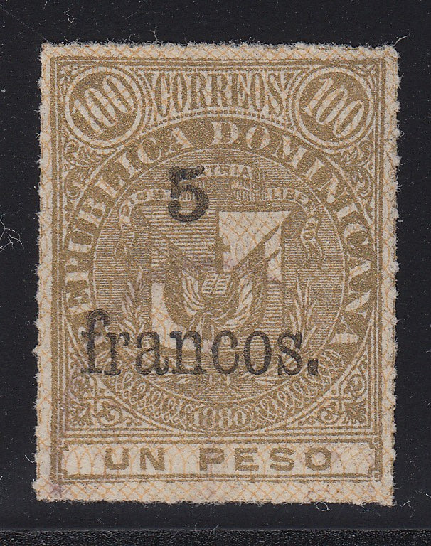 Dominican Republic 1883 5fr on 1p Gold Used. Scott 86