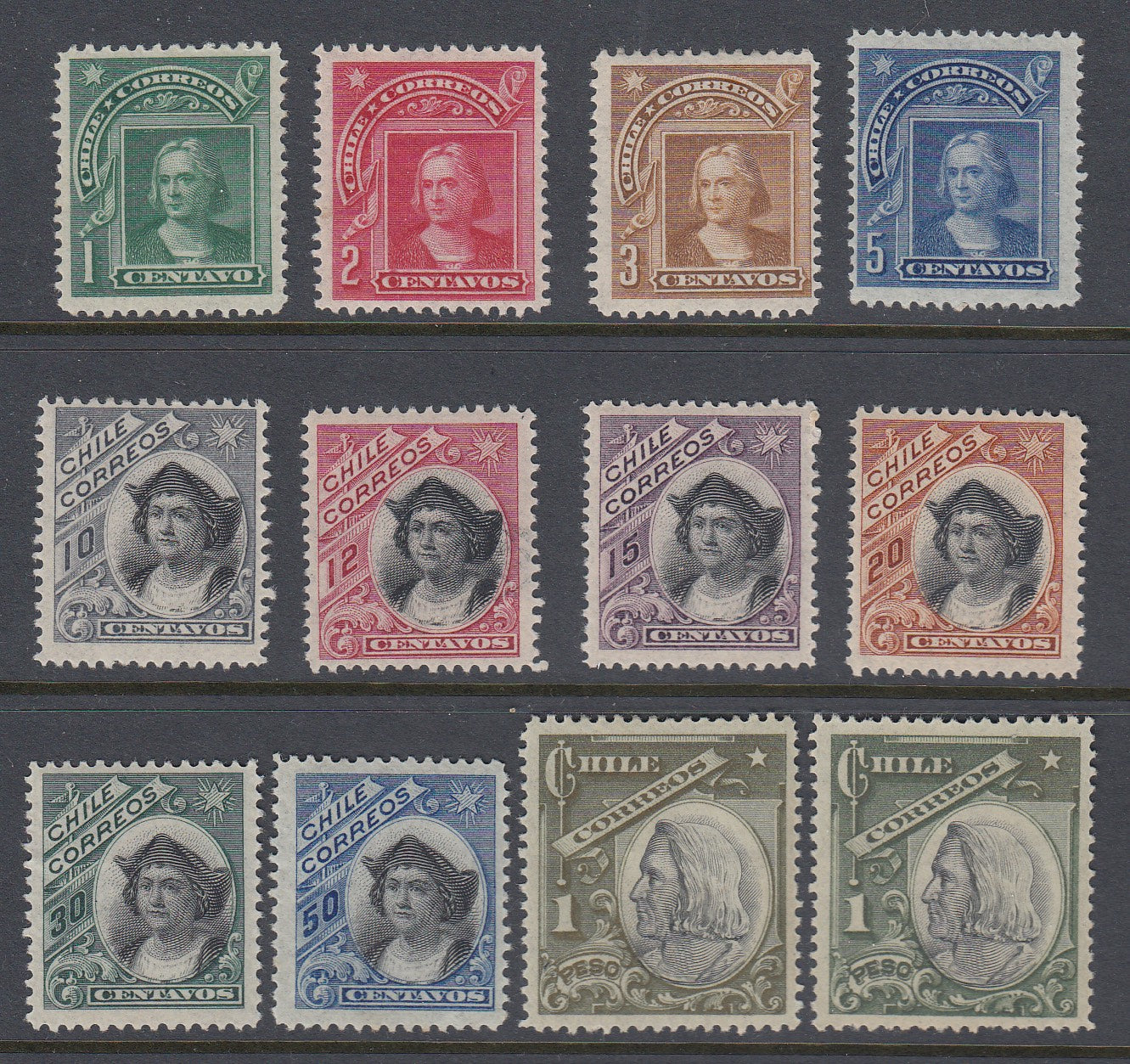 Chile 1905-09 Columbus Complete Set + Shade VLM Mint. Scott 68-78a