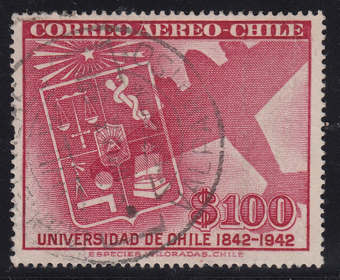 Chile 1942 100p Carmine Lake Airmail Used. Scott C89