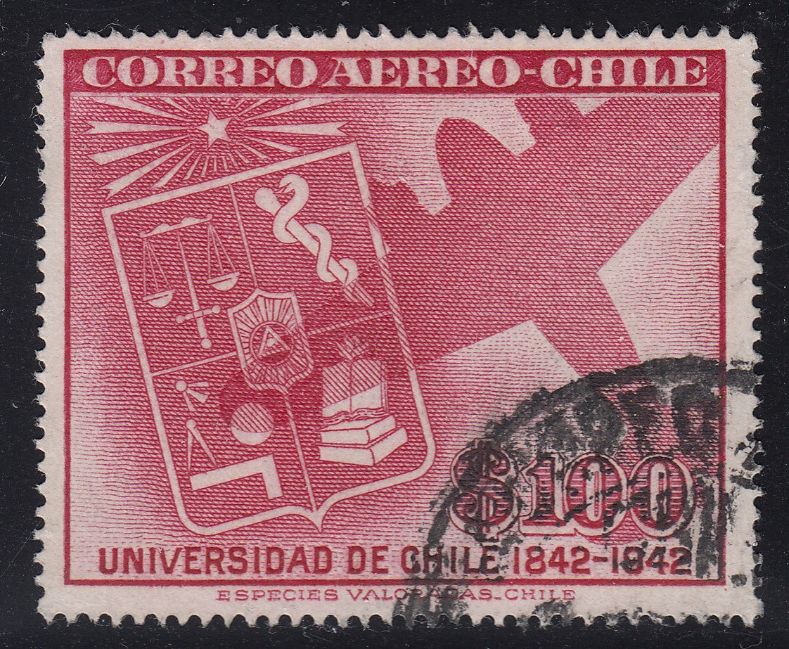 Chile 1942 100p Carmine Lake Airmail Used. Scott C89
