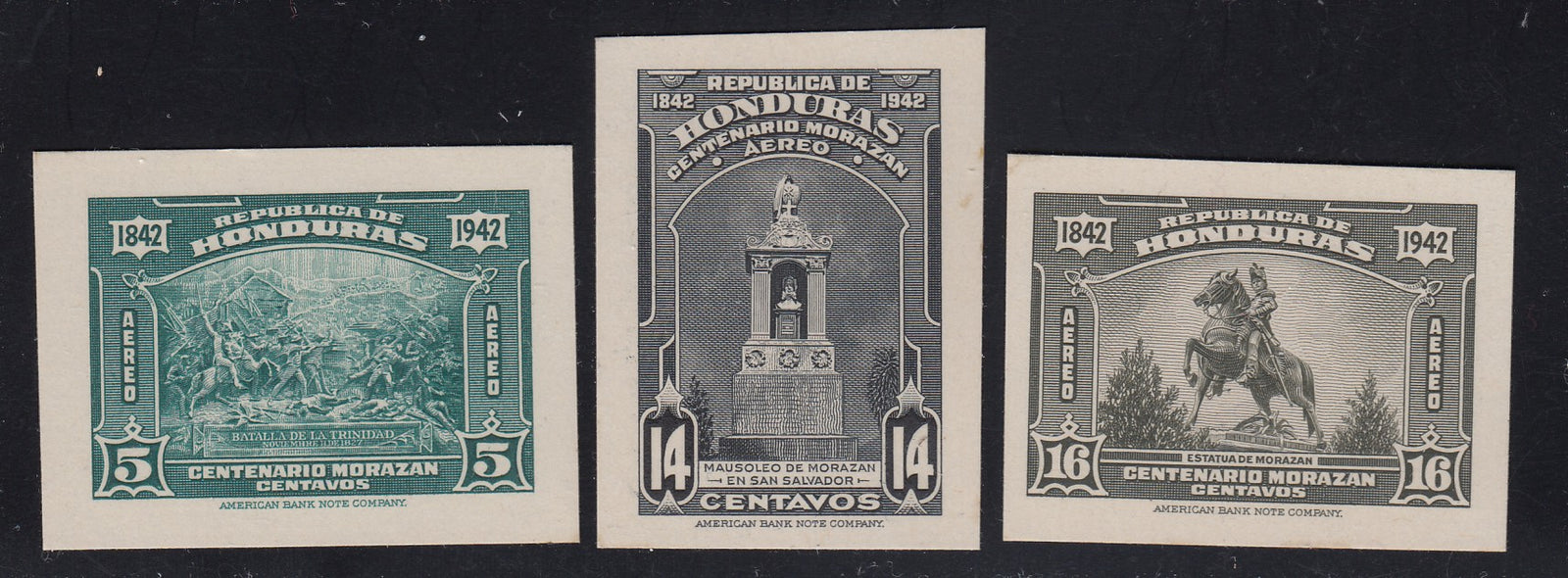 Honduras 1942 Morazan Centenary Die Proof Airmails x 3. Scott C121, C123 & C124