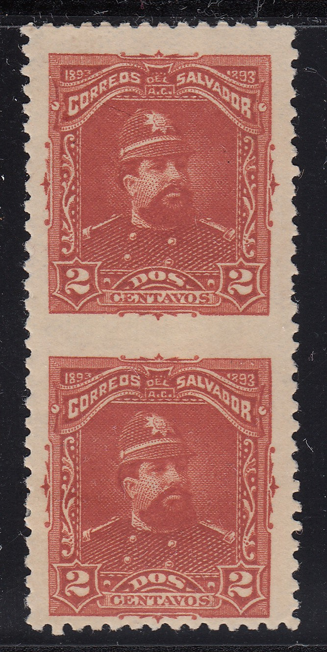 El Salvador 1893 2c Brown Red Imperforate Between Pair LM Mint. Scott 77 var