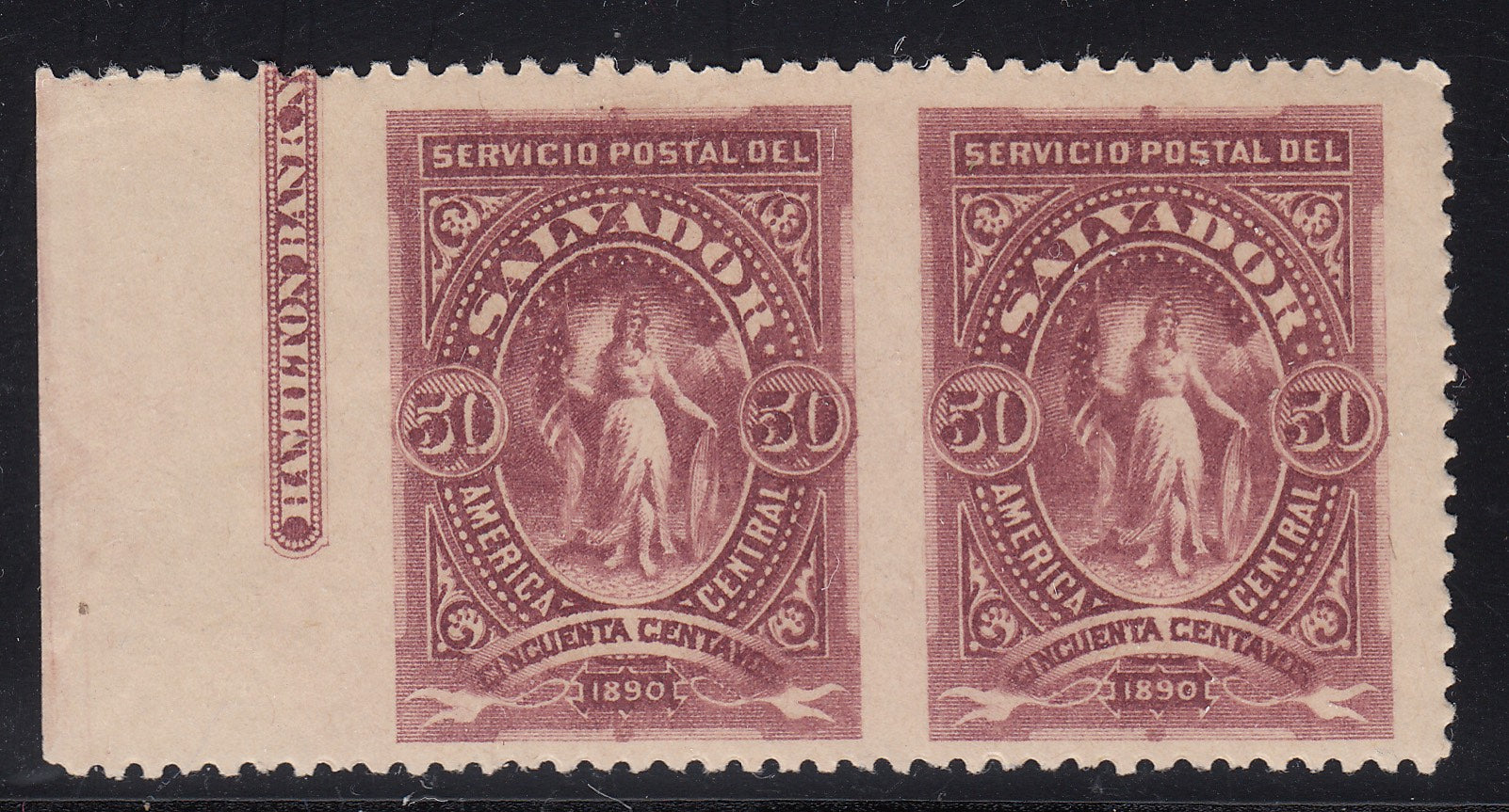 El Salvador 1890 50c Claret Imperforate Between Pair LM Mint. Scott 45 var