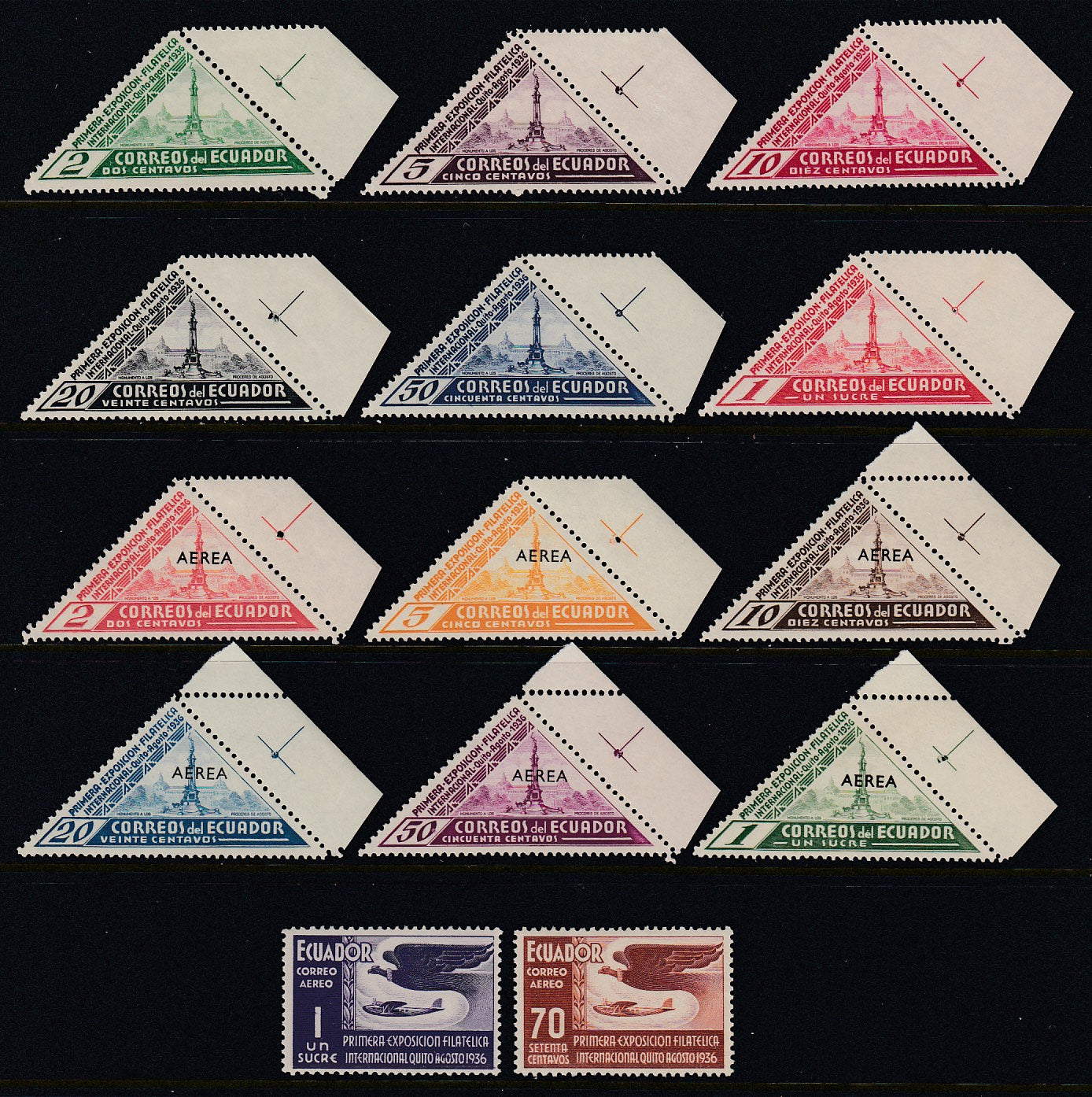 Ecuador 1936 Philatelic Exhibition Complete Set + Airmails MNH. Scott 352-357 & C43-C50