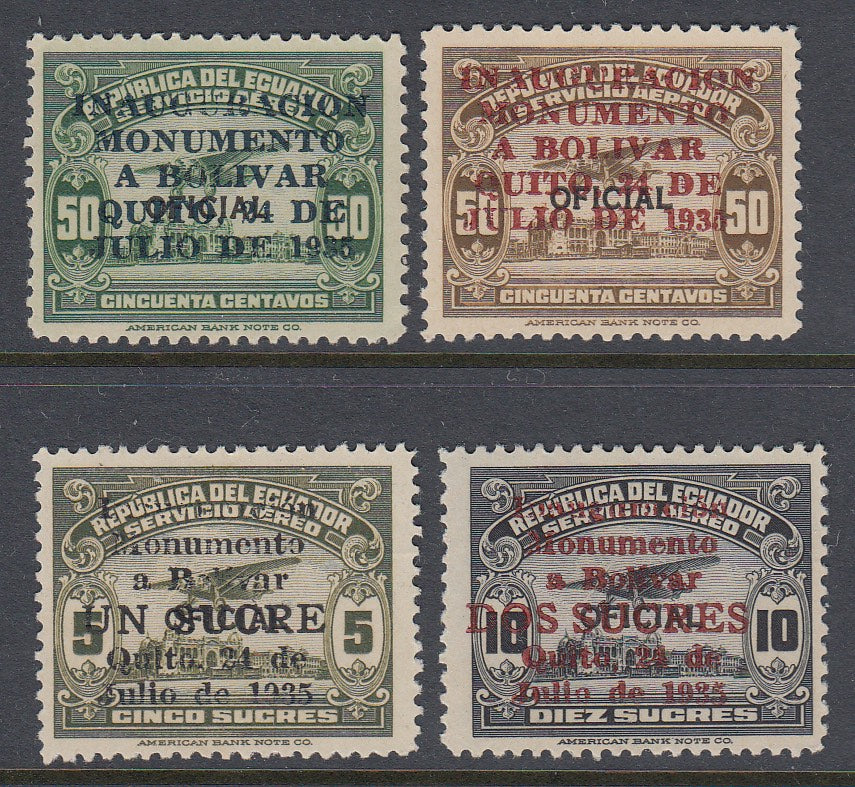 Ecuador 1935 Bolivar Monument Airmail Overprint Complete Set LM Mint. Scott C35-C38