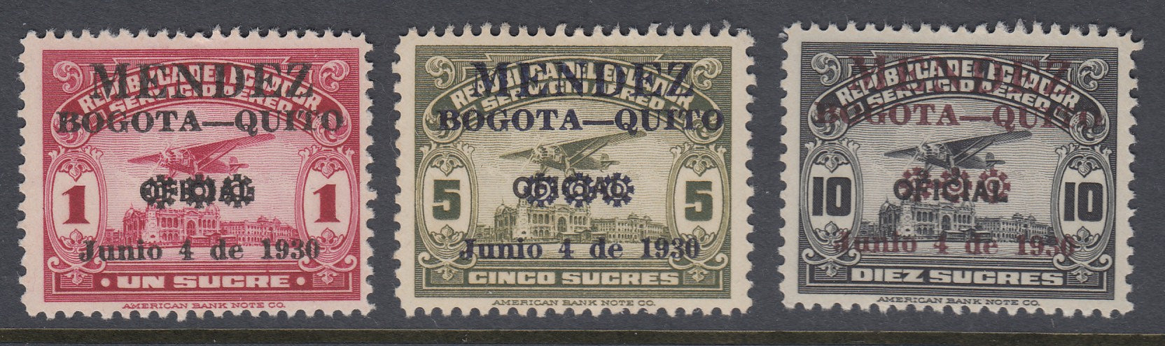 Ecuador 1930 Mendez Airmail Overprints Complete Set LM Mint. Scott C32-C34