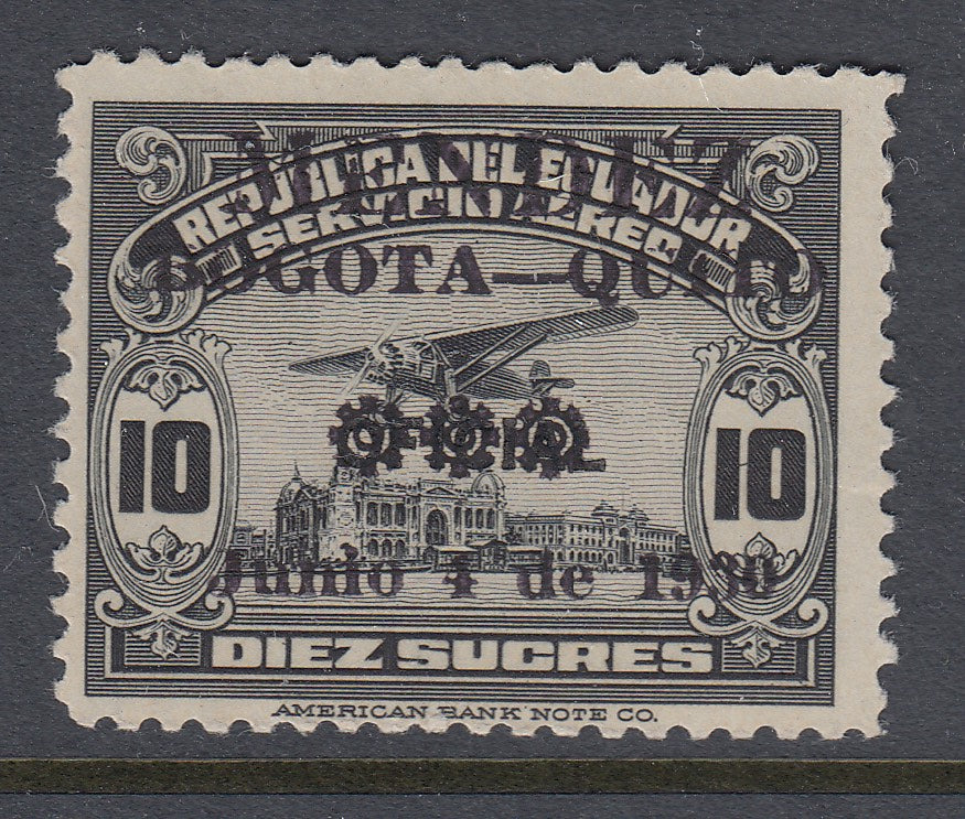 Ecuador 1930 10s Black Mendez Airmail with Black Overprint Error VLM Mint. Scott C34 var