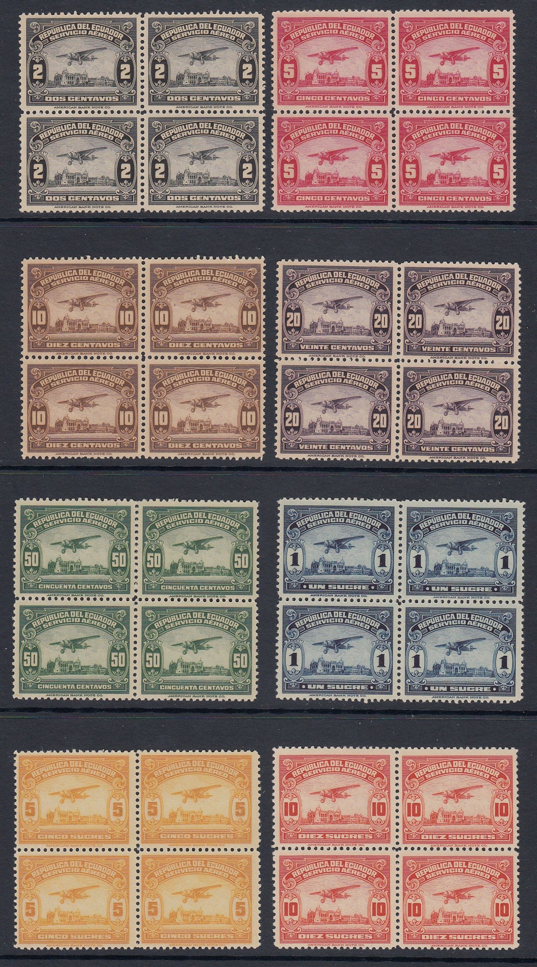 Ecuador 1929 Airmail Complete Set in Blocks MNH. Scott C8-C15